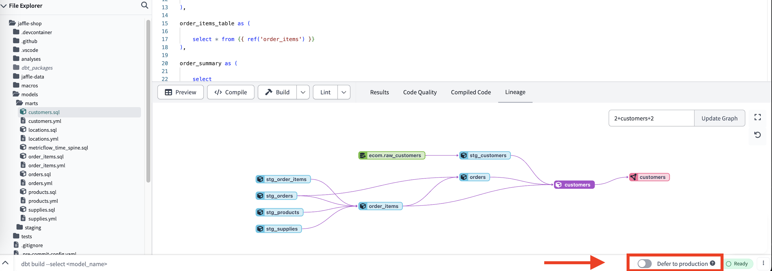 Select the 'Defer to production' toggle on the bottom right of the command bar to enable defer in the dbt Cloud IDE.